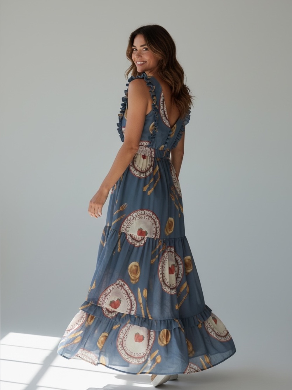 Girls' Blue Ruffled Plate-Print Sleeveless Dress